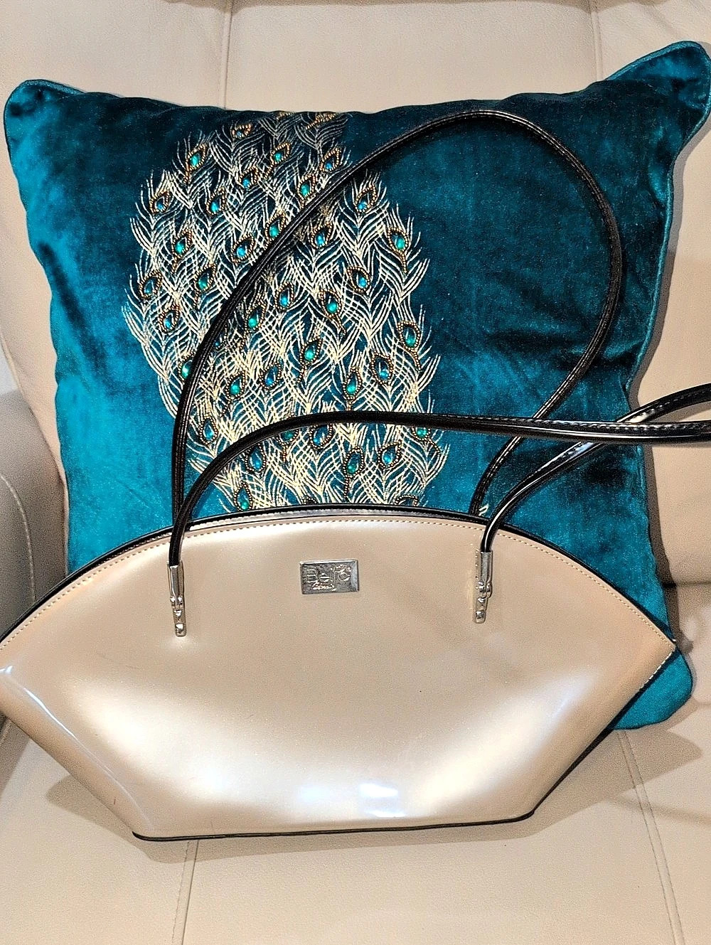 Vintage Beijo " Over The Moon' Glossy Gray Leather Shoulder Bag
